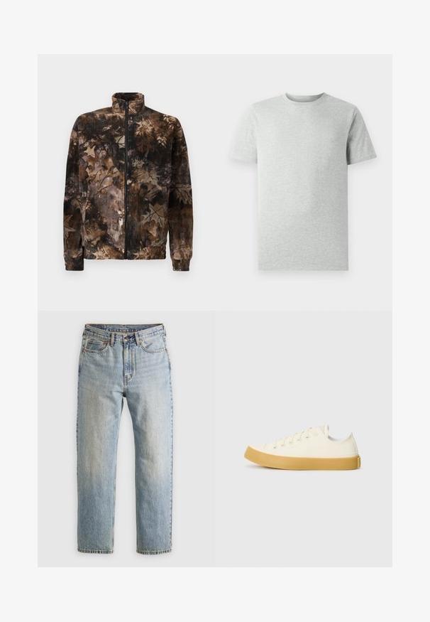 Giacca in pile con motivo camouflage marrone e nero, dotata di colletto alto, zip a tutta lunghezza e polsini ed orlo elastici. Texture morbida.; Maglietta a maniche corte grigia chiara, girocollo, mostrata su uno sfondo bianco, vista frontale senza loghi o design visibili.; Jeans in denim azzurro chiaro con vita alta, bottone anteriore, cerniera e design a cinque tasche, adagiati su uno sfondo neutro.; Sneakers in tela di colore avorio con punta rotonda, dotati di suole in gomma beige e cinque occhielli per i lacci, finitura texturizzata sulla parte superiore.