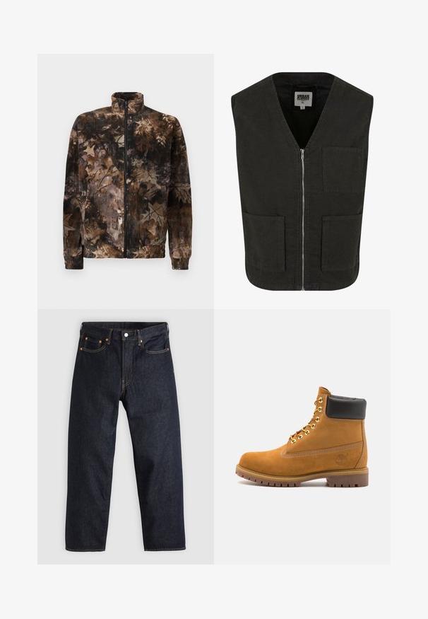 Barna és fekete álcázós mintájú polárdzseki, magas gallérral, teljes hosszúságú cipzárral, valamint rugalmas mandzsettákkal és alsó részsel. Puha tapintású.; Fekete ujjatlan mellény, organikus pamutból készült, V-nyakkal, elöl cipzárral, és két oldalsó zsebből áll. Minimalista dizájn.; Fehér, izmos szabású póló, tiszta pamutból készült. Kerek nyak, rövid ujjú, sima tapintású. Kis fekete logó címke az alsó szegélyen. Egyszerű dizájn.; Sötétkék farmernadrág egyenes szabással, öt zsebbel, kontrasztos narancssárga varrással és gombos záródással. Nem látható rajta mintázat vagy díszítés.; Barna velúr bokacipő fekete párnázott gallérral, arany fém fűzőlyukakkal, fehér varrási részletekkel és durva gumitalppal, amelynek kifejezett barázdái vannak.