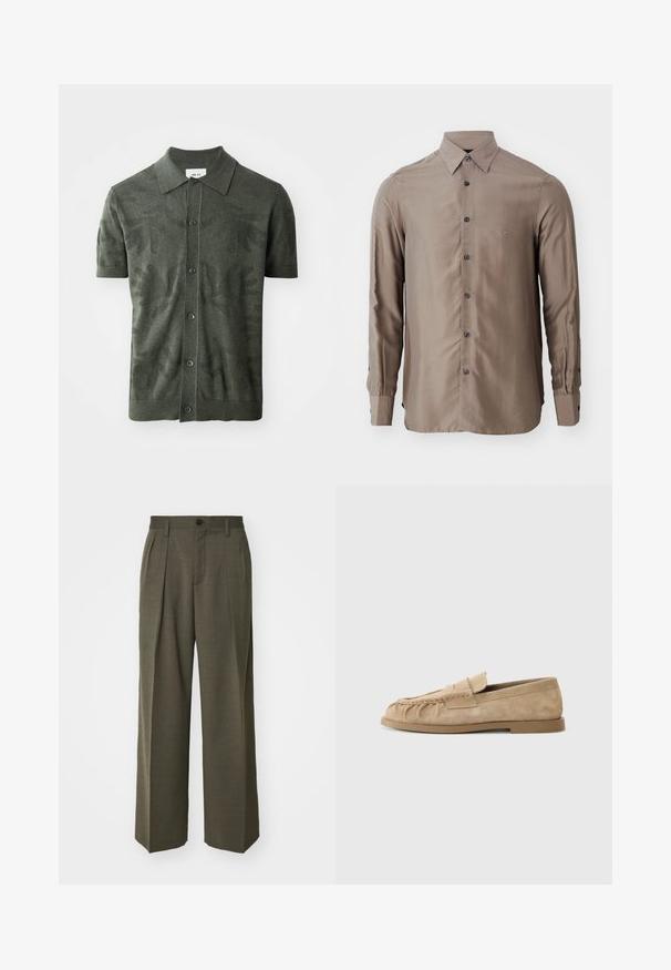 Olivgrünes Polohemd mit kurzen Ärmeln und einem strukturierten Blattmuster, Knopfleiste und klassischem Kragen Design. Strickstoff.; Langarmhemd in taupe Farbe, aus glattem Stoff gefertigt, mit einer Knopfleiste vorne und dunklen Knöpfen, sowie einem kleinen Logo auf der Brust.; Filippa K WIDE TROUSERS - Stoffhose - driftwood; Beige Wildleder Slipper mit einer gerafften Gestaltung, ausgestattet mit einer flachen Sohle und einem dekorativen Riemen über dem Rist. Glatte Textur.