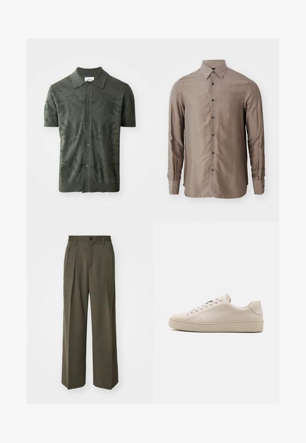 Alyvuogių spalvos Trumpas rankovė polo marškinėliai su tekstūruotu lapų raštu, mygtukų priekis ir klasikinio apykaklės dizainas. Mezginio audinys.; Ilgų rankovių marškiniai taupe spalvos, pagaminti iš lygaus audinio, su mygtukų užsegimu priekyje ir tamsiais mygtukais, su maža logotipo etikete ant krūtinės.; Filippa K WIDE TROUSERS - Kelnės - driftwood; Kreminės odinės sportbačiai su lygiu paviršiumi, apvaliu priekiu, plokščiu padu ir klasikiniu raištelių užsegimu. Diskretiški siuvinėjimo akcentai ir tekstūruotas padas.