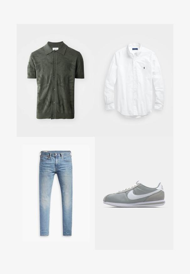 Olīvzaļš īsām piedurknēm polo krekls ar teksturētu lapu rakstu, pogu priekšpusi un klasisku apkakles dizainu. Adīta auduma.; Balta garām piedurknēm pogājamā krekla izgatavots no kokvilnas. Iezīmē klasisku apkakli, poga aproces un mazu tumši zilu izšūtu logo uz krūšu.; Gaiši zili pieguļoši džinsi ar nelielu izbalēšanu uz gurniem, ar pogu aizdari priekšā, jostas cilpām un piecu kabatu stilu uz baltā fona.; Pelēkie sporta apavi ar zamša un tekstila augšu, balto Nike logotipu un baltiem šņorēm. Iezīmējas ar strukturētu gumijas zoli un mīkstu apkaklīti.