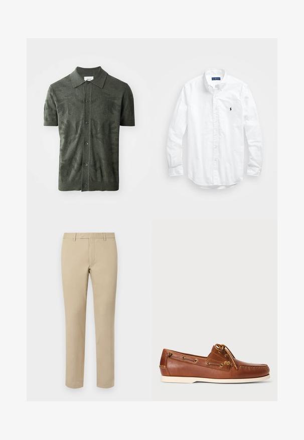 Olijfgroen polo met korte mouwen, voorzien van een gestructureerd bladmotief, knopen aan de voorkant en een klassieke kraag. Gebreide stof.; Witte lange mouwen overhemd van katoen. Voorzien van een klassiek kraag, knopenmanchetten en een klein marineblauw geborduurd logo op de borst.; Beige katoenen broek met een rechte snit, voorzien van riemlussen, een platte voorkant en op maat gemaakte zoom. Glad textuur en minimale details.; Bruine leren boot-schoen met veters, gouden oogjes en crèmekleurige rubberen zool. Ontworpen met een verhoogd stikselpatroon op de teen.