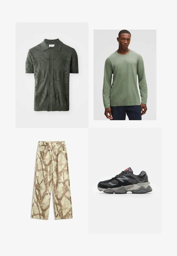 Olivovo zelená polokošeľa s krátkym rukávom, s textúrovaným vzorom listov, s gombíkovým zapínaním a klasickým golierom. Pletená tkanina.; Hnedá košeľa s dlhými rukávmi v tlmenej zelenej farbe s textúrovaným vzorom, okrúhlym výstrihom a raglánovými rukávmi, vyrobená z mäkkého, ľahkého materiálu.; Nohavice vyrobené z ľahkej tkaniny v svetlozelenej farbe, so vzorom hnedých vetiev, širokým strihom a dvoma prednými vreckami.; Čierne a šedé tenisky s kombináciou semišu a sieťoviny, hrubou podrážkou, výrazným logom a červeným akcentom na jazyku.