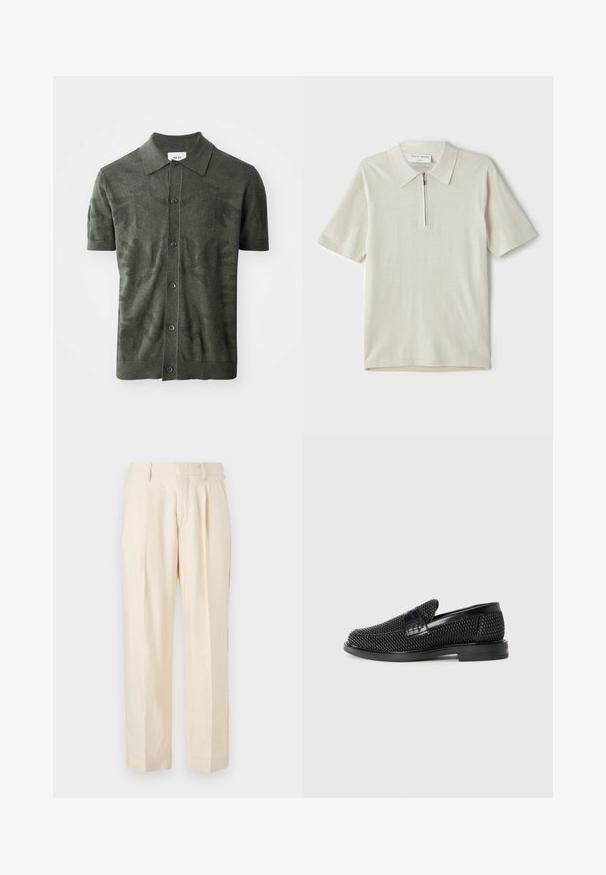 Olíva zöld, rövid ujjú pólóing, textúrált levélmintával, gombos elülső résszel és klasszikus gallérkialakítással. Kötött anyag.; Rövid ujjú, világosbézs pólóing, cipzáras gallérral. Simás anyagból készült, egyszerű, modern dizájnnal, minta nélkül.; NN.07 KAY - Nadrágok - off white; Fekete szőtt slip-on cipő sima bőr díszítéssel a felsőrészen, kerek orral és alacsony profilos gumitalppal.