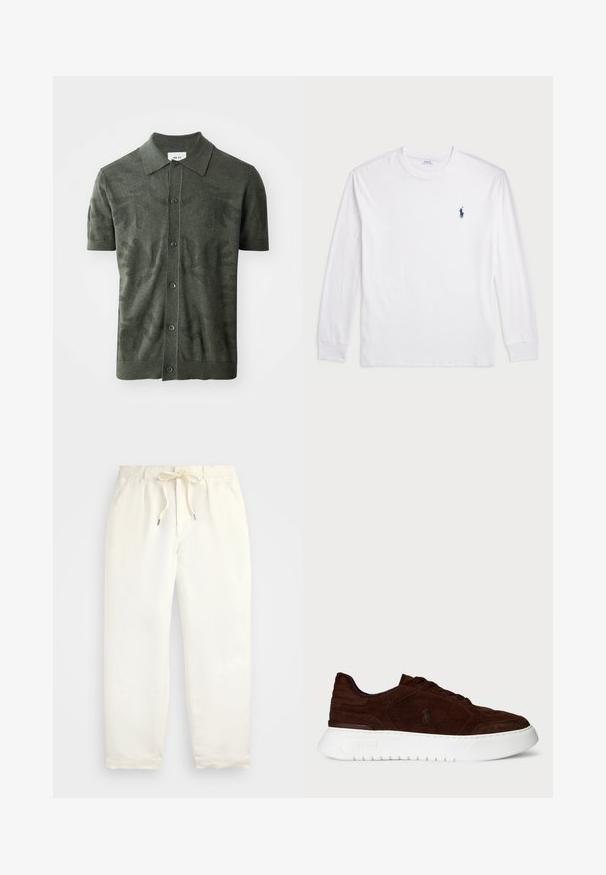 Oliivinvihreä lyhythihainen polo-paita, jossa on teksturoitu lehtikuvio, napit edessä ja klassinen kaulustyyli. Neulottu kangas.; Valkoinen pitkähihainen T-paita, joka on valmistettu puuvillasta. Ominaisuuksiin kuuluu pyöreä kaula-aukko, ribbireunat ja pieni tummansininen polo-logo vasemmassa rinnassa.; Vaalean kermanväriset, rentoihin housut pehmeästä kankaasta. Ominaisuuksia ovat joustava vyötärönyöri, ja kavennetut lahkeet.; Tummanruskeat mokkanahkakengät valkoisella paksulla pohjalla, nauhakiristys ja huomaamaton Polo-logo sivulla, nähtynä ulkosivulta.