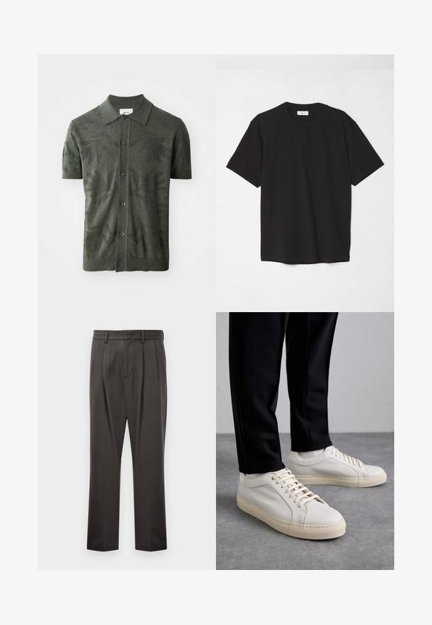 Oliwkowa koszulka polo z krótkim rękawem z teksturowanym wzorem liści, z guzikami z przodu i klasycznym kołnierzykiem. Tkanina dziana.; Czarna bawełniana koszulka z okrągłym dekoltem, krótkimi rękawami i luźnym krojem. Prosty fason, gładka tekstura, brak widocznych wzorów lub logo.; Ciemnoszare spodnie wykonane z teksturowanej tkaniny, z prostym przodem, plisami, prostymi nogawkami i pętelkami na pasek. Brak widocznych elementów metalowych lub wzorów.; Jasnobeżowe skórzane sneakersy z płaskimi sznurowadłami, teksturowaną powierzchnią i kontrastującą kremową gumową podeszwą, zestawione z czarnymi zwężającymi się spodniami.