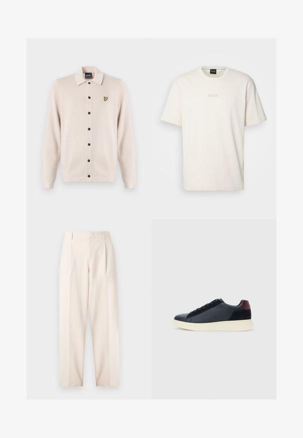 Kerge beeži värvi kardigan, millel on kraega kaelus, mustast nupust seeria ja väike kollane linnu logo vasakul rinnal.; BOSS TEE - Lihtne T-särk - open white; Beežid kohandatud püksid kõrge talje, voltide ja sirge jala disainiga. Valmistatud siledast kangast, küljetaskudega ja puhta viimistlusega.; Madala stiilis meeste toss mustast nahast ja seemisnahast, marooni värvi kanna detailiga ja valge kummist tallaga, vaatega välisküljelt.