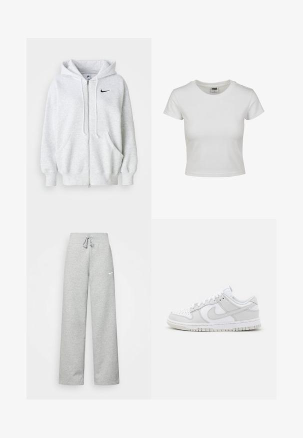 Šviesiai pilka zip-up džemperis su priekinėmis kišenėmis, reguliuojama raištelių kapuce, rausvomis rankovėmis ir maža juoda Nike logotipu ant krūtinės.; Balta medvilnės marškinėliai su klasikiniais apykakle, trumpomis rankovėmis ir prigludusia forma. Nėra matomų raštų ar akcentų.; Pilkos sportinės kelnės su elastine juostele, su raišteliu ir mažu baltu Nike logotipu kairėje šlaunies pusėje. Minkšta medžiaga, laisvas pritaikymas.; Baldosiai odiniai sportiniai batučiai su pilkų akcentų, perforuota nosimi, plokščiomis raišteliais, paminkštintu apykakle ir tekstūruotu guminiu padu.