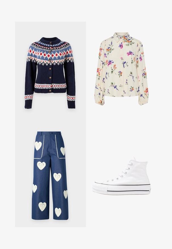 BDG Urban Outfitters BOXY FAIR ISLE - Ζακέτα - navy; Λουλουδάτη μπλούζα με μακριά φουσκωτά μανίκια, σε απαλό κρέμ χρώμα, που διαθέτει μωβ, πορτοκαλί και πράσινα λουλουδάτα μοτίβα, καθώς και κλασικό σχέδιο γιακά.; Sister Jane HEART TO HEART - Straight leg jeans - blue denim; Λευκό ψηλό καμβαδάκι αθλητικό παπούτσι με μαύρη καουτσούκ σόλα, πρόσθιο καουτσούκ καλύμματος δακτύλου και έξι οπές για κορδόνια, με μια καθαρή και μίνιμαλ σχεδίαση.