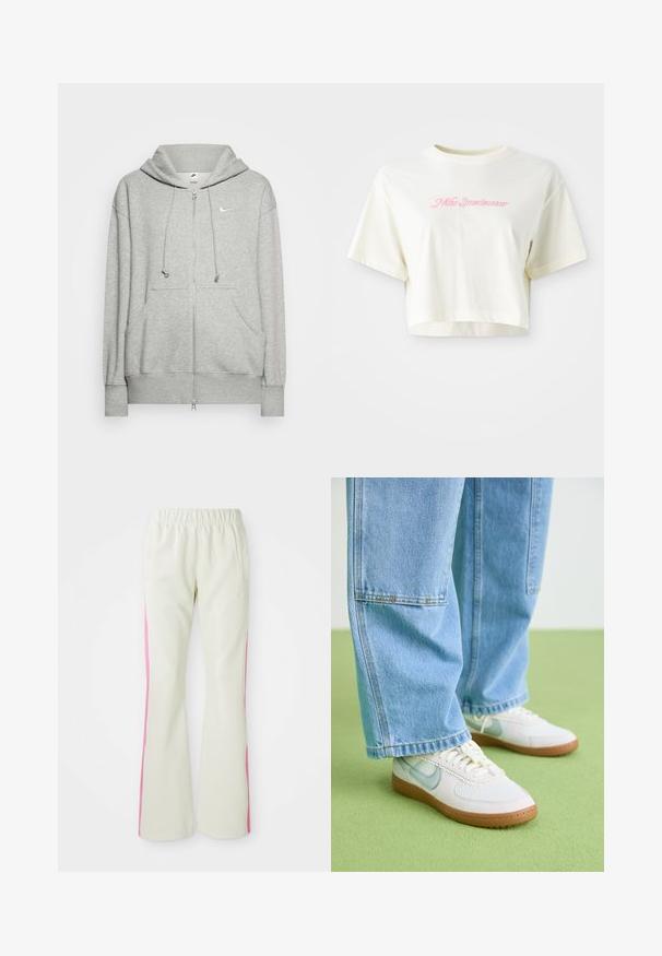 Világosszürke, cipzáras kapucnis pulóver, puha anyagból készült, kanguru zsebbel, állítható húzózsinórral a kapucnin és egy kicsi Nike logóval.; Rövid ujjú, krém színű, pamutból készült póló. A bal mellrészen rózsaszín hímezett logó található, amelyen a "Nike Sportwear" felirat olvasható. Kerek nyakú.; Világos bézs színű nadrág, elasztikus derékrésszel, rózsaszín oldalsávokkal és oldalzsebekkel. Sima felület, egyenes lábdesign.; Fehér sportcipők világoskék részletekkel, texturált hálós felsőrésszel és világosbarna gumitalppal, lazán szabott világoskék farmernadrággal párosítva.