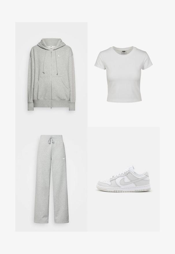 Hanorac gri deschis, cu fermoar, realizat dintr-un material moale, având un buzunar tip kangaroo, un glugă cu șnur ajustabil și un mic logo Nike.; Tricou alb din bumbac cu guler clasic, mâneci scurte și o croială fitted. Fără modele sau accente vizibile.; Pantaloni de trening gri, cu talie elastică, detalii cu siret și un mic logo alb Nike pe coapsa stângă. Material moale, croi lejer.; Sneakers din piele albă cu accente gri, vârf perforat, șireturi plate, guler căptușit și o talpă din cauciuc texturat.
