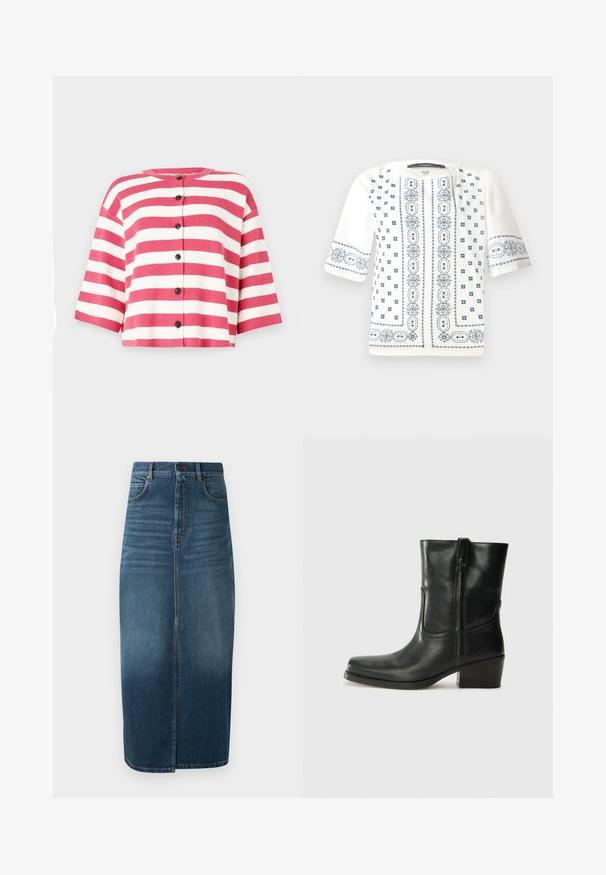 Trumpa rankovėmis kardiganas su rožinėmis ir baltomis horizontaliomis juostelėmis, turintis apvalų iškirpimą ir penkis juodus mygtukus priekyje.; Balta trumpų rankovių bliuskutė su mėlynais gėlėmis siuvinėjimais, apvaliu dekoltė ir sudėtingais raštais priekyje ir rankovėse.; Tamsiai indigo džinsinio audinio midi sijonas su priekinėmis skeltuvėmis ir šiek tiek išblukusia spalva. Klasikinis penkių kišenių dizainas su metaliniu mygtuko uždarymu.; Juodi odiniai aulinukai iki kulkšnies su apvali nosimi, blokuotais kulnais, šonine užtrauktuku ir siuvimo akcentais ant viršutinės dalies. Lygi tekstūra, klasikinis dizainas.