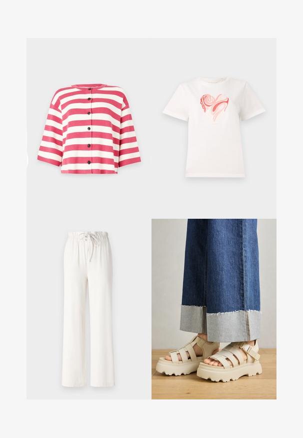 Korte mouwen cardigan met roze en witte horizontale strepen, voorzien van een ronde halslijn en vijf zwarte knopen aan de voorkant.; Witte katoenen t-shirt met een hartgrafiek in tinten roze en koraal, met draaiende abstracte patronen in het midden. Korte mouwen, ronde hals.; Witte wijde broek van zacht materiaal, met een tailleband met trekkoord en een gladde textuur. Geen patronen of versieringen zichtbaar.; Beige platform sandalen met dikke zolen hebben een gestructureerd ontwerp en verstelbare enkelriemen. Gecombineerd met brede denim broeken, waarvan één zoom is geverfd.