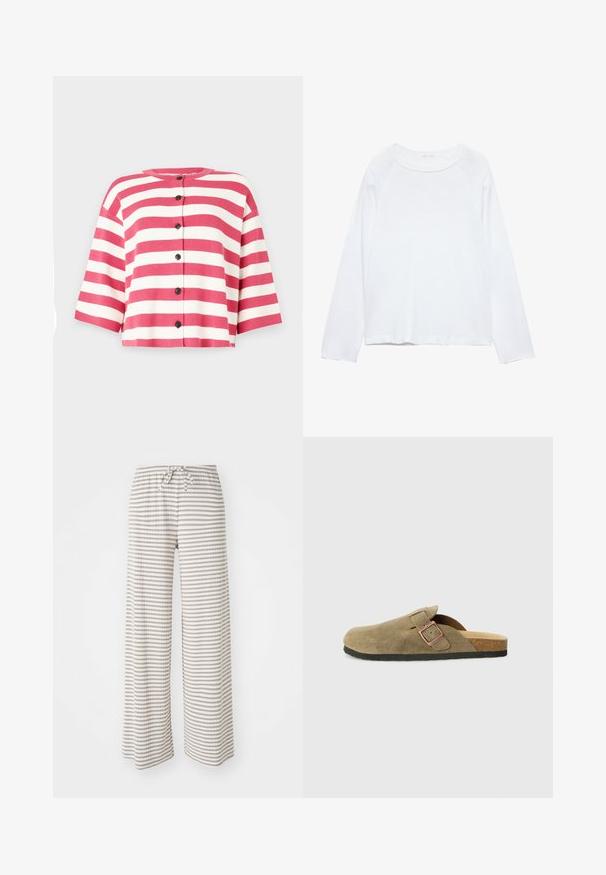 Kurzärmeliges Cardigan mit rosa und weißen horizontalen Streifen, mit einem runden Halsausschnitt und fünf schwarzen Knöpfen auf der Vorderseite.; Weißes Langarmoberteil mit rundem Ausschnitt, aus leichtem Stoff gefertigt. Mit Raglanärmeln und lässiger Passform. Glatte Textur, ohne Muster.; Weite Hose aus leichtem Stoff mit horizontalen Streifen in Beige und Weiß. Elastischer Taillenbund mit Kordelzug.; Wildleder-Hausschuh im Clog-Stil in Olivgrün mit schmalem Riemen und Metall-Schnallen-Detail. Verfügt über ein Kork-Fußbett und eine schwarze Gummisohle.