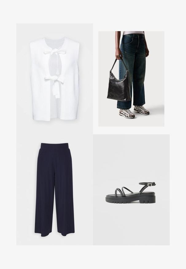 Valge ilma varrukateta kampsun tekstuuriga kangast, ümmarguse kaelusega ja ees oleva sõlme kinnitusega. Lihtne ja puhas disain avatud külgedega.; Lühike valge T-särk, mis on valmistatud puuvillast, lühikeste varrukatega, ümmarguse kaelusega ja sirge lõikega, omades sileda tekstuuri ja minimaalset disaini.; Tumed põlvpüksid tumedast meresinisest kangast, millel on sooneline tekstuur. Omab sujuvat vööd ja voolavat siluetti, ulatudes pooleni säärest.; Mustakate strappy sandaalid tugeva tallaga, millel on õhukesed rihmad ja pandlaga pahkluu rihm. Sile tekstuur koos robustse väljastuse disainiga.; Must musta õlakott, millel on sile tekstuur ja reguleeritav rihm, koos pleekinud laia jalgadega teksade ja sportlike tossudega.