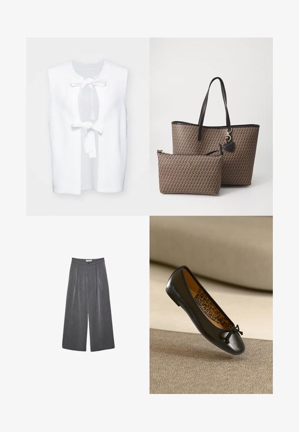 Valkoinen hihaton liivi, jossa on tekstuuri, pyöreä kaula-aukko ja etumainen solmittava sulkeminen. Yksinkertainen, siisti muotoilu, jossa on avoimet sivut.; Valkoinen lyhythihainen T-paita, joka on tehty puuvillasta. Siinä on pyöreä kaula-aukko ja rento malli. Silkkinen pinta ilman näkyviä kuvioita tai koristeita.; Pleated leveleijoushousut tummanharmaasta kankaasta, jossa on hieno rakenne. Ominaisuuksina napin suljenta ja klassinen vyötärönauhan muotoilu.; Musta nahkainen balleriinan tossu pyöreällä kärjellä ja kankaalla koristellulla rusetilla, jossa on leopardikuvioinen sisävuori. Sileä pinta ja ohut muotoilu.; Ruskea kuvioitu olkalaukku mustilla nahkayksityiskohdilla, jossa on kaksi kahvaa ja pienempi samasta materiaalista valmistettu vetoketjullinen pussi. Kultaiset yksityiskohdat läsnä.