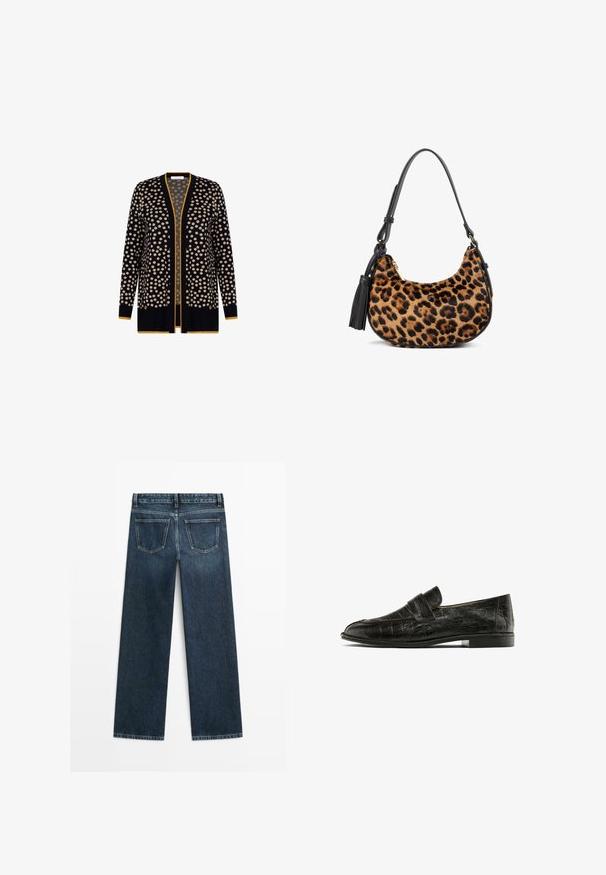Svart kavaj med beiga prickar, öppen fram, långa ärmar och gul kant längs kanterna. Mjuk stickad textur och avslappnad stil.; Vit bomulls-T-shirt med korta ärmar, rund halsringning och slät textur. Baksidan är enfärgad utan några extra mönster eller design.; Mörkblå denimjeans med rak passform, som har två bakfickor och synlig sömnad längs sömmarna och fållarna.; Svarta loafers i krokodilskinn, med ett framträdande band tvärs över fotryggen, visade mot en vit bakgrund.; Väskan i leopardmönster har en svart läderrem och en tofs. Texturerat material som liknar päls. Kurvig form med accenter av guldmetall.; Silverfärgade ringörhängen med en rad klara stenar och en rund kristallpendel hängande från varje. Polerat metall, elegant design.