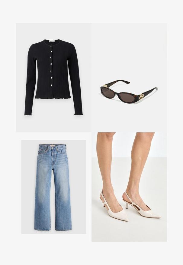 Črna rebrasta dolga majica z dolgimi rokavi in okroglim izrezom, opremljena s šestimi belimi gumbi ter s čipkastim robom na manšetah in dnu.; Dolgi rokav turtleneck top v svetlo bež barvi. Narejen iz mehke, raztegljive tkanine s sproščenim krojem in preklopnim ovratnikom.; Svetlo modre široke kavbojke z visokim pasom, zbledelimi predeli, petimi žepi in kontrastnim šivanjem. Klasično zapiranje z gumbom in zadrgo.; Bež lakirane usnjene čevlje na peto s koničastim nosom in 5 cm visokim peto, ki imata izrezane stranice in tanko zanko okoli gležnja.; Kornjačaste sunčane naočale s izduženim ovalnim lećama, smeškim tonovima, zlatnim logotipom na drškama i elegantnim crnim rukohvatima.; Uk espuma usnjena torbica s kurbano obliko, enojni ročaj, zlato okovje in subtilno blagovno ime na dnu. Zadrga ob vrhnjem robu.