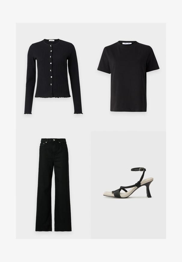 Juodas grublėtas ilgomis rankovėmis kardiganas su apvaliu iškirpimu, kuriame yra šešios baltos sagos ir banguotas kraštas apykaklėje ir apačioje.; Juodas trumpas rankovės marškinėliai, pagaminti iš minkštos medvilnės, su apvaliu iškirpimu, laisvu pritaikymu ir lygiu paviršiumi. Nėra matomų raštų ar grafikos.; Juodos džinsinės kelnės su aukštu liemeniu, plačiomis kojomis, su priekiu užsegamomis mygtuku ir užtrauktuku, bei klasikinio penkių kišenių dizainu.; Juodų aukštakulnių sandalų su pintu dirželiu dizainas, kvadratine nosimi ir reguliuojamu kulkšnies dirželiu. Šviesiai bežė padas su blizgiu juodu kulnu.