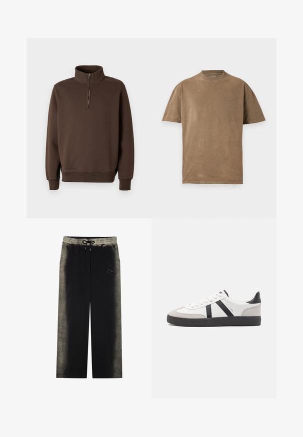 Brun sweatshirt med høj krave, halv lynlås og ribbede manchetter. Glat tekstur med løs pasform, velegnet til afslappet brug.; Brun bomulds t-shirt med rund hals, korte ærmer og afslappet pasform. Glat tekstur, minimalistisk design uden synlige mønstre eller accenter.; YOURTURN UNISEX - Træningsbukser - black; Hvide sneakers med sorte og grå detaljer, med en tekstureret grå tåhætte, sort gummisål og flade hvide snørebånd. Rent design, minimalistisk stil.