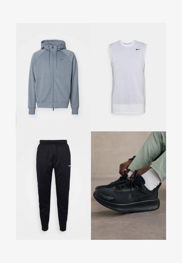 Haut à capuche gris clair avec fermeture éclair à l'avant, capuche avec cordon de serrage et manches raglan. Présente un petit logo noir sur la poitrine. Texture de tissu douce.; T-shirt de sport sans manches blanc en matériau léger. Il présente un col rond et un petit logo Nike noir en haut à gauche.; Jogging noir Nike avec ceinture élastique, jambes fuselées et accent de logo subtil. Fabriqué à partir d'un tissu lisse avec un design simple.; Des chaussures de course Nike noires présentent une tige en mesh, une semelle texturée et un logo minimal. Le design est épuré et a une apparence athlétique.