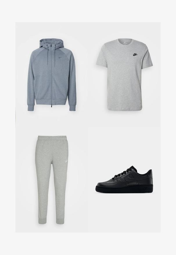 Világosszürke kapucnis pulóver, cipzáros elől, húzózsinóros kapucnival és raglán ujjakkal. A mellkasán egy apró fekete logó található. Puha szövettextúra.; Szürke, rövid ujjú póló, pamutból készült, fekete Nike logóval a mellkason és kerek nyakkivágással. Minimalista dizájn, minta nélkül.; Szürke, puha anyagú melegítőnadrág, szűkülő lábdesignnal, rugalmas derékpánttal és kis fehér Nike logóval a bal combján.; Fekete Nike Air Force 1 sneaker sima bőr felsőrészével, perforált orrával a légáteresztés érdekében, fekete cipőfűzőkkel és textúrált gumitalppal.