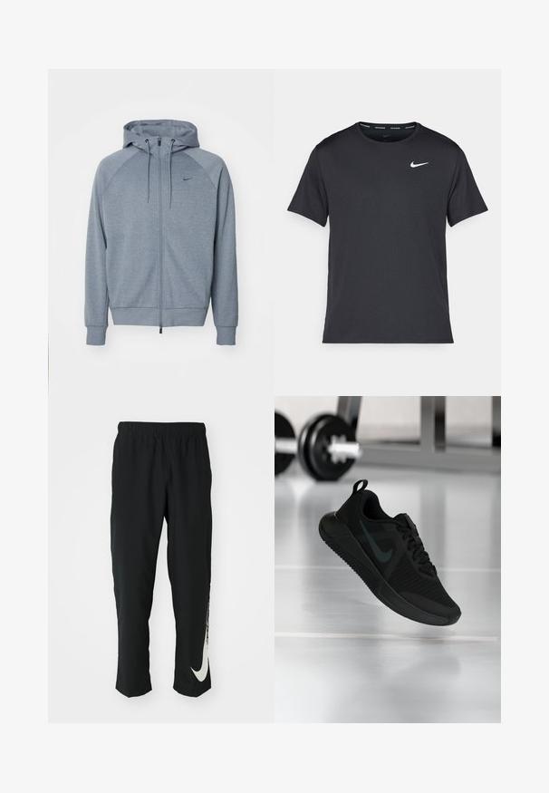 Világosszürke kapucnis pulóver, cipzáros elől, húzózsinóros kapucnival és raglán ujjakkal. A mellkasán egy apró fekete logó található. Puha szövettextúra.; Fekete Nike futó póló, könnyű, légáteresztő anyagból készült, rövid ujjú, és a mellkasán egy kicsi fehér logó található.; Fekete sportnadrág rugalmas derékpánttal, szűkített kialakítással, az előtérben egy nagy fehér Nike logóval a bal lábon. Puha, könnyű anyag.; Fekete sportcipő texturált hálós felsőrésszel, gumitalppal és jól látható sötét Swoosh logóval. Párnázott szegéllyel és fűzős kialakítással rendelkezik.