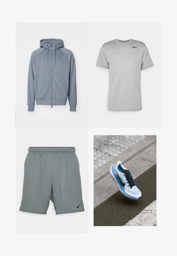 Svijetlosiva dukserica s patentnim zatvaračem sprijeda, kapuljačom na vrpci i raglan rukavima. Sadrži mali crni logo na prsima. Mekana tekstura tkanine.; Siva majica s kratkim rukavima od glatkog materijala, s crnim Nike logotipom na lijevom ramenu i klasičnim okruglim izrezom.; Sive kratke sportske hlače od tkanine s glatkom teksturom. Imaju elastičnu struk i bočne džepove, s crnim Nike logotipom.; Bijela i plava tenisica za trčanje s crnim vezicama i Nikeovim točkom koja lebdi iznad asfalta i ivičnjaka.