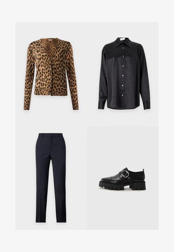 Cardigan s leopardím vzorom vyrobený z mäkkej látky, s výstrihom do V, dlhými rukávmi a šiestimi gombíkmi na prednej strane. Hnedo-čierna farebná schéma.; Čierna košeľa s dlhým rukávom a golierom, s pokrčenou textúrou, plne gombíkovou prednou časťou a manžetami. Vyrobená z hladkého materiálu.; Námornícke nohavice s rovnými nohavicami, so hladkou textúrou, dvoma prednými vreckami a čistým pásom.; Čierne kožené topánky s hrubou, rebrovanou podrážkou, vyznačujúce sa okrúhlou striebornou kovovou ozdobou a minimálnym prešívaním.