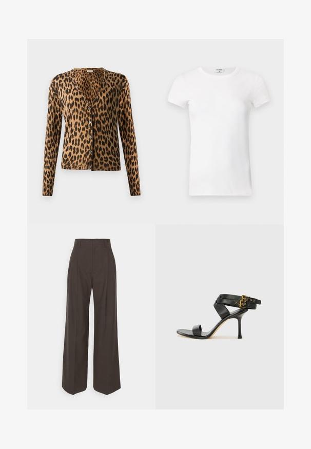 Leopardi mustriga kardigan, mis on valmistatud pehmest kangast, V-kaelusega, pikkade varrukatega ning kuue nupuga esiosal. Pruun ja must värviskeem.; Valge ribaga lühikeste varrukatega T-särk ümmarguse kaelusega. Kude tundub siledana ja see on keha lähedal istuv. Brändi silt on nähtav krae juures.; Tumepruunid lai jalad püksid kõrge vöökohaga, millel on korralikult pressitud kortsud, sile tekstuur ja täpselt sobiv lõige.; Mustad mustand koos ristatud rihmade ja reguleeritava pandlaga. Omab siledat tekstuuri ja kitsenevat stiletto kontsa.