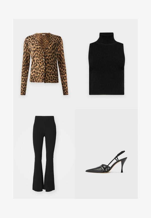 Cardigan en imprimé léopard en tissu doux, avec un décolleté en V, des manches longues et six boutons sur le devant. Schéma de couleurs marron et noir.; Haut sans manches noir avec col roulé, texture côtelée et coupe ajustée. Tissu lisse avec un col haut et sans embellissements supplémentaires.; Pantalons noirs évasés en tissu extensible, avec une taille haute et une surface lisse et sans embellissement. Design simple et ajusté.; Chaussure à talon aiguille noire en cuir, avec bout pointu, design de brides entrecroisées et talon aiguille fin. Texture lisse et accents minimaux.