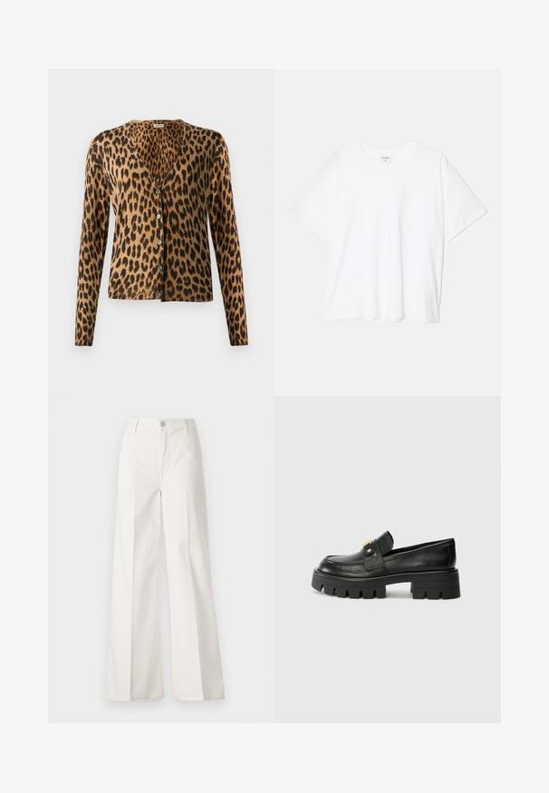Leopardsmönstrad cardigan gjord av mjuk tyg, med v-ringning, långa ärmar och sex knappar fram. Färgkombination i brunt och svart.; Vit bomull t-shirt med kort ärm, rund halsringning, avslappnad passform och söm i nederkant. Etikett synlig på insidan av halsen.; Vita vida-byxor gjorda av bomull med en slät textur. Har en framknapp, gylf med dragkedja och fyra fickor.; Svarta läderloafers med en kraftig sula, som har en guldtonad detalj på framsidan och en slät yta. Kraftig mönstring på sulan.