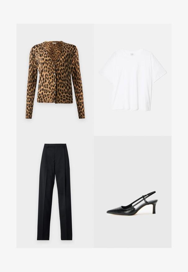 Kardigan v leopardjem vzorcu, izdelan iz mehkega blaga, z globokim izrezom, dolgimi rokavi in šestimi gumbi spredaj. Rjava in črna barvna shema.; Bela bombažna majica s kratkimi rokavi, okroglim izrezom, sproščenim krojem in šivanim robom. Oznaka vidna na notranji strani izreza.; Črne hlače iz gladkega materiala, ki imajo visok pas, široke noge, sprednje nabore in klasične zanke za pas. Nevidni stranski žepi.; Črne lakaste slingback pete s koničastim nosom, ki imajo teksturiran vzorec kačje kože, nastavljiv trak in kratek teksturiran blok peto.