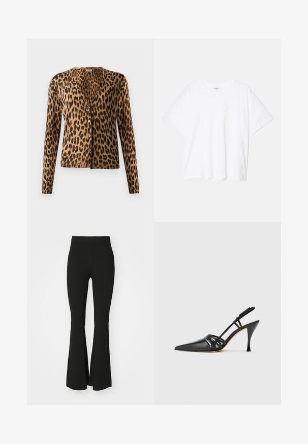 Cardigan s leopardím vzorom vyrobený z mäkkej látky, s výstrihom do V, dlhými rukávmi a šiestimi gombíkmi na prednej strane. Hnedo-čierna farebná schéma.; Biely bavlnený tričko s krátkymi rukávmi, okrúhlym výstrihom, voľným strihom a prešitým lemom. Štítok viditeľný na vnútornom krku.; Čierne vyšívané nohavice vyrobené z elastického materiálu, s vysokým pásom a hladkým, nezdobeným povrchom. Jednoduchý a priliehavý dizajn.; Čierne kožené vysoké podpätkové sandále so špicatou špičkou, krížovým dizajnom popruhu a úzkym stiletto podpätkom. Hladká textúra a minimálne akcenty.