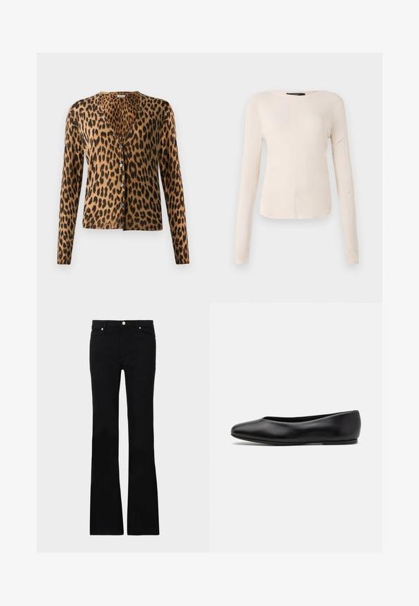 Leopard print cardigan made of soft fabric, featuring a v-neck, long sleeves, and six buttons down the front. Brown and black color scheme.; Long-sleeve, light beige top with a round neckline. Made of soft fabric, features a central seam and slightly curved hem. No visible hardware.; Black flared jeans made of denim, featuring two front pockets, a button closure, and a smooth texture. Signature stitching visible at seams.; Paul Smith TOPANGA - Ballet pumps - black