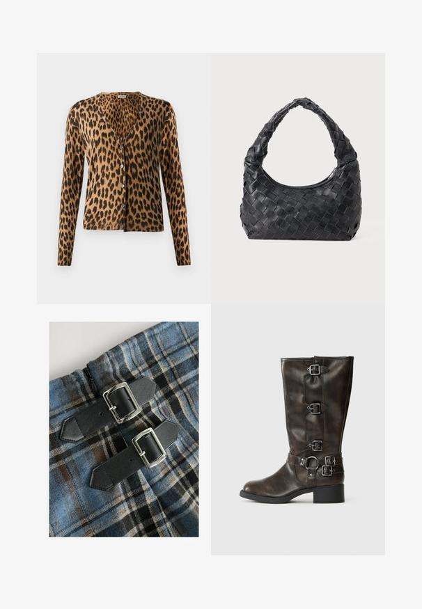 Leopard print cardigan made of soft fabric, featuring a v-neck, long sleeves, and six buttons down the front. Brown and black color scheme.; Long-sleeve white t-shirt made from soft fabric, featuring a round neckline and a fitted silhouette. Minimalist design with no patterns or accents.; Plaid textile with blue, brown, and black colors, featuring two black faux leather straps with silver buckles at the waist. Zipper visible.; Brown leather knee-high boots with multiple buckles, a round toe, and a low chunky heel. Features a textured finish and adjustable straps.; Black leather woven shoulder bag with a rounded handle and crescent-shaped body on a plain background.