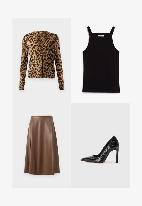 Cardigan en imprimé léopard en tissu doux, avec un décolleté en V, des manches longues et six boutons sur le devant. Schéma de couleurs marron et noir.; Débardeur noir à fines bretelles, en tissu côtelé, avec une coupe droite et une étiquette au niveau du col indiquant "IVY OAK."; Jupe A-line en cuir marron avec une texture lisse et un ourlet mi-long. Présente une taille ajustée et une légère évasement depuis les hanches.; Escarpin noir à bout pointu avec texture en cuir de crocodile, présentant un design élégant, un haut talon aiguille et un intérieur noir lisse.