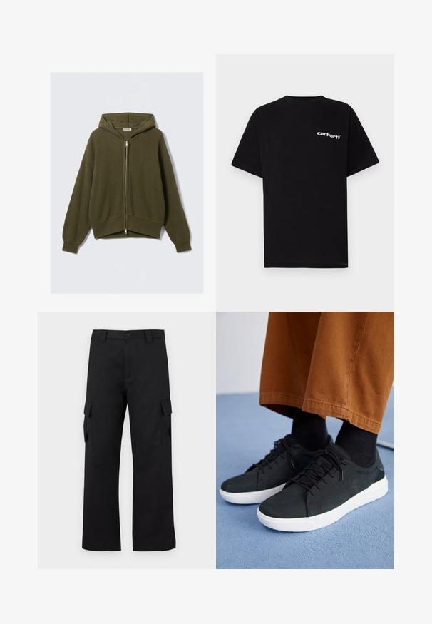 Olajzöld, bordázott kötött kapucnis pulóver, cipzárral elöl, laza fazonban, esésvállakkal és rugalmas mandzsettákkal. Bélelt kapucnival és cropped hosszúsággal rendelkezik.; Fekete pamut rövid ujjú póló kerek nyakkivágással és fehér "Carhartt" logóval a bal mellrészen. Simaszövetű, letisztult dizájn.; Fekete cargo nadrág egyenes szárú kialakítással. Tartós anyagból készült, két oldalzsebbel, tépőzáras fedéllel és gombos zipzárral.; Fekete velúrbőr sneaker fehér gumitalppal, fűzős dizájnnal, texturált részletekkel és diszkrét márkázással, barna nadrággal párosítva.