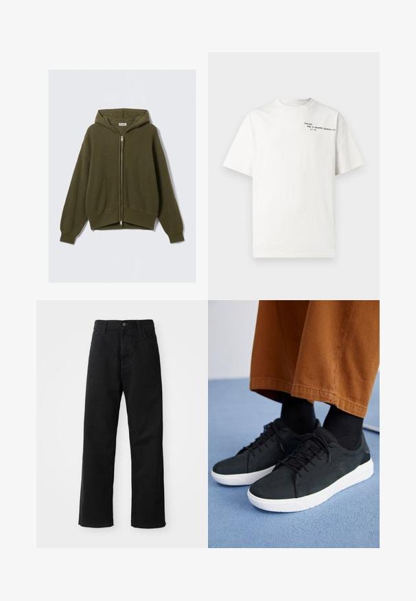Olivgrüner, gerippter Strickhoodie mit durchgehendem Reißverschluss, lockerer Passform, überschnittenen Schultern und elastischen Bündchen. Verfügt über eine gefütterte Kapuze und einen verkürzten Saum.; Weißes Baumwoll-T-Shirt mit kurzen Ärmeln, Rundhalsausschnitt und schwarzem aufgedrucktem Text auf der Brust mit der Aufschrift "Carhartt Work in Progress 1989."; Schwarze Jeans mit geradem Schnitt, ausgestattet mit Fronttaschen, einem Reißverschluss und einem einzelnen oberen Knopf. Texturiert mit matter Oberfläche.; Schwarze Wildleder-Sneaker mit weißen Gummisohlen, mit Schnürdesign, strukturierten Akzenten und dezentem Branding, kombiniert mit braunen Hosen.