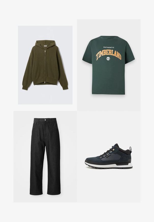 Olīvu zaļš, ribota adījuma pelēkais džemperis ar rāvējslēdzēju priekšpusē, brīva piegriezuma, pazeminātiem pleciem un elastīgiem piedurknēm. Iespējo ieguldīta kapuce un saīsināta apakša.; Zaļš kokvilnas T-krekls ar apaļu kaklu un īsām piedurknēm. Uzraksts "AUTHENTIC TIMBERLAND" baltā un oranžā krāsā, ar koka logotipu zem tā.; Melnas džinsus bikses ar brīvu piegriezumu, augstu vidukli, rāvējslēdzēja aizdari un piecu kabatu dizainu. Redzama šuvju akcenti visā virsmā.; Tumši zilas krāsas pārgājienu apavi ar zamšādu un tekstila augšdaļu, balta vidus zole, melna ārējā zole un metāla acu caurumi. Iespējo aizmugurējo cilpu vieglai uzvilkšanai.