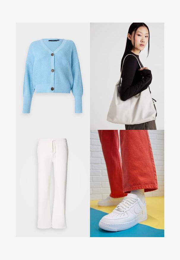 Lyseblå cropped cardigan laget av ribbestrikket stoff, med v-hals, lange ermer og tre brune knapper foran.; Sett med to langermede topper i hvit og svart. Ribbete tekstur, rund hals, tettsittende design med lett utsvingte ermer.; Hvite, avslappede joggebukser laget av myk stoff, med elastisk liv med snor og rett ben-design.; Hvit lær sneakers med perforert tåboks, teksturert såle og hvite snørebånd, paret med vide røde bukser og en blå og gul bakgrunn.; Beige håndveske laget av mykt materiale, med en slapp design, sydd detaljer og to skulderstropper. Passer for daglig bruk.