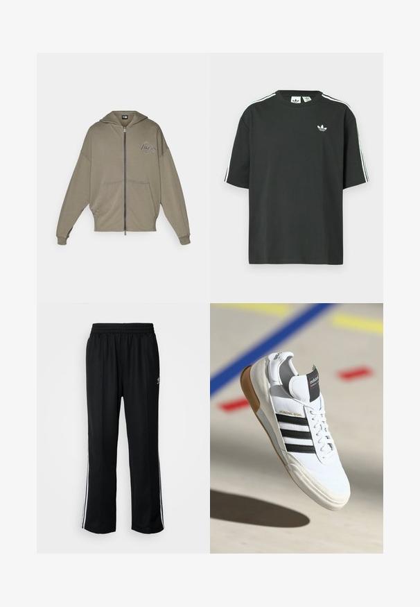 Olive zaļš kapuce, ar rāvējslēdzēju priekšā, priekšējās kabatas, brīvs piegriezums, ar izšūtu "Los Angeles Lakers" logo kreisajā krūtī.; Melna kokvilnas T-krekls ar īsām piedurknēm, apaļu kakla izgriezumu un baltām trim svītrām uz pleciem. Uz krūtīm neliels balts logo.; Melni sporta bikses ar elastīgu jostas vietu, kurām ir baltas sānu svītras un neliels logotips. Materiāls izskatās mīksts un viegls.; Baltās Adidas Mundial Goal sporta kurpes ar melnām svītrām un gumijas zoli, parādītas gaisā virs sporta laukuma grīdas ar krāsainām līnijām.