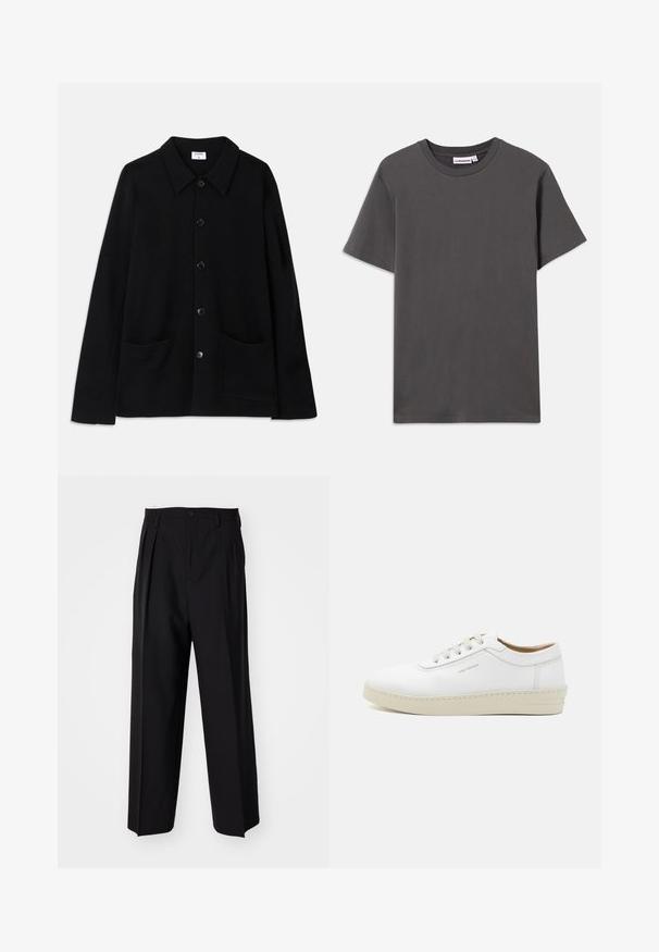 Fekete gombos zakó, gallérral, két elülső zsebbel és textúrált anyagból. Az elején öt gomb található.; Sötét szürke, sima anyagú, rövidujjú, kerek nyakú póló, a gallér belső részén egy kis fehér márkacímkével, fehér háttéren.; Fekete, pliszírozott nadrág, egyenes, széles lábakkal. Sima anyagból készült, gombos záródással és övhurkokkal rendelkezik.; Fehér bőr sportcipő textúrázott felülettel, kerek orral, bézs gumitalppal és hat szürke fűzőlyukkal, melyen diszkrét logó található az oldalon.