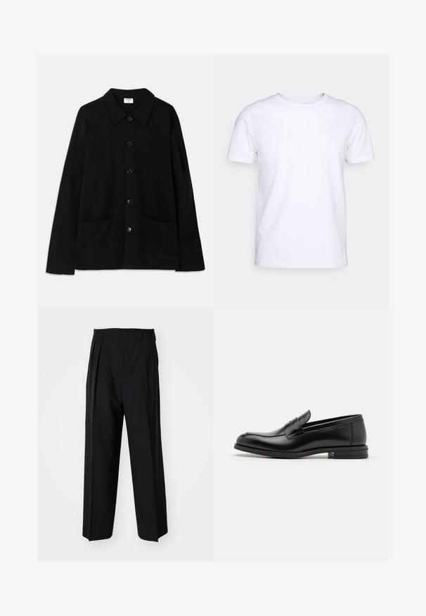 Černá sako s límcem, dvěma předními kapsami a texturovaným materiálem. Má pět knoflíků na přední straně.; Bílý krátký rukáv bavlněné tričko s kulatým výstřihem. Jednoduchý design bez vzorů nebo detailů. Hladká textura.; Černé skládací kalhoty s rovnými, širokými nohavicemi. Vyrobené z hladké tkaniny, se zapínáním na knoflík a poutky na opasek.; Černé kožené polobotky s hladkou texturou, zaoblenou špičkou a zdobným páskem přes nárt. Nízký stohovaný podpatek, minimalistický design.