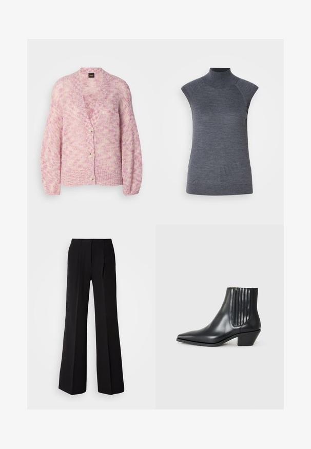 Ružová a krémová pletená cardigan s výstrihom do V, dlhými rukávmi a štyrmi veľkými gombíkmi. Má voľný strih a textúrovaný vzor.; Sivý bezrukávový rolák, priliehavý strih, žebrovaná textúra, hladká látka, vysoký golier a štýlové výrezy na pleciach.; Čierne nohavice z hladkej tkaniny, s vysokým pásom, širokým strihom a dvoma prednými záhybmi pre zvýraznenie dizajnového detailu.; Čierna kožená členková topánka s špicatou špičkou, elastickými bočnými panelmi s vertikálnymi drážkami a nízkym blokovým podpätkom. Hladká textura a elegantný dizajn.