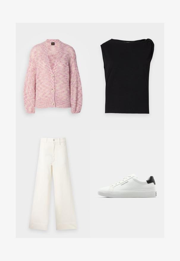 Cardigã tricotado em rosa e creme com decote em V, mangas longas e quatro botões grandes. Apresenta um corte solto e um design de padrão texturizado.; Top preto de manga curta feito de tecido suave. Apresenta um decote redondo e detalhe drapeado no ombro. Design simples e ajustado.; Calças largas em algodão bege claro. Apresentam uma cintura alta, bolsos frontais e um corte reto. Acabamento de bainha limpo, sem padrões.; Sapatilha branca com acabamento liso, detalhe preto no calcanhar e design com atacadores. Apresenta a marca "Calvin Klein" na lateral. Estilo minimalista.
