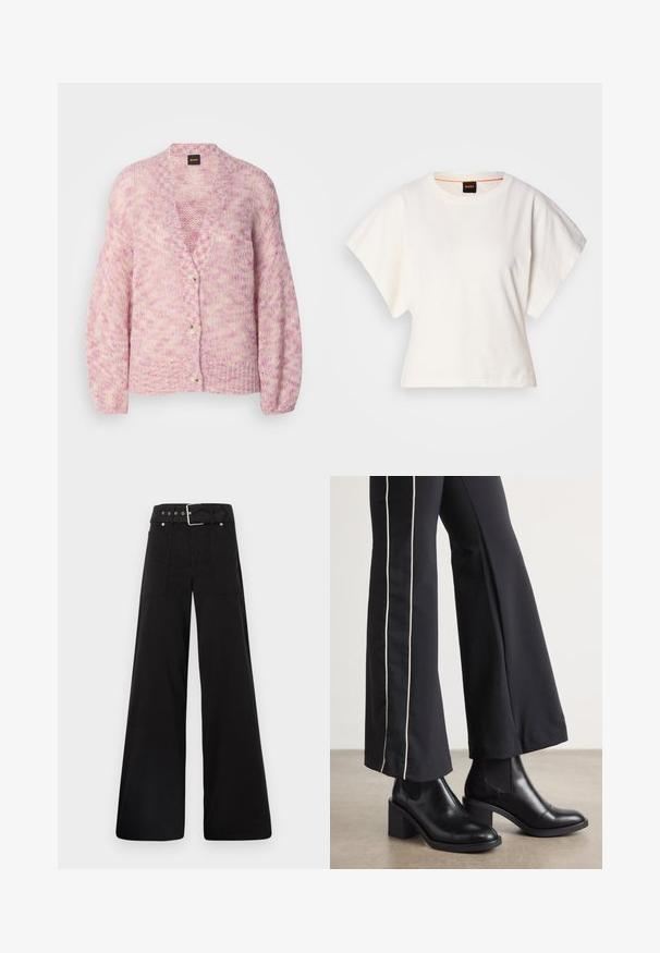 Rozā un krēmkrāsas adīta kardigāna ar V veida kakla izgriezumu, garām piedurknēm un četriem lieliem pogām. Iezīmē vaļīgu piegriezumu un rakstainu tekstūru.; Balts īsais T-krekls, plašas īsas piedurknes, mīksts kokvilnas materiāls, apaļa kakla izgriezums ar delikātu oranžu apdari, minimāls dizains, bez rakstiem vai grafikām.; Melna platā kāju bikses, izgatavotas no kokvilnas, ar augstu jostasvietu, lieliem sānu kabatām un jostu ar sudraba detaļām.; Melnas ādas potīšu zābaki ar blokveida papēdi, aprīkoti ar elastīgām sānu paneļiem. Kombinēti ar melniem biksēm, kuru sānos ir baltas svītras.