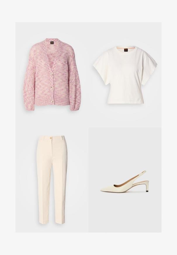Rosa und cremefarbener gestrickter Cardigan mit V-Ausschnitt, langen Ärmeln und vier großen Knöpfen. Verfügt über eine lockere Passform und ein strukturiertes Musterdesign.; Weißes, kurzes T-Shirt, kurze weite Ärmel, weicher Baumwollstoff, runder Ausschnitt mit subtilen orangefarbenen Akzenten, minimales Design, keine Muster oder Grafiken.; Cremfarbene, hochtaillierte Hose aus strukturiertem Stoff. Mit einem Knopfverschluss vorne und schmal zulaufenden Beinen.; Spitz zulaufender Slingback-Schuh aus cremefarbenem Leder, ausgestattet mit einem niedrigen Absatz und einem ausgeschnittenen Design mit glatter Textur und minimalen Akzenten.
