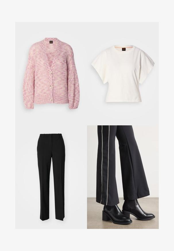 Cardigã tricotado em rosa e creme com decote em V, mangas longas e quatro botões grandes. Apresenta um corte solto e um design de padrão texturizado.; T-shirt branco cropped, mangas curtas e largas, material de algodão suave, decote redondo com um discreto acabamento laranja, design minimalista, sem padrões ou gráficos.; Calças pretas de corte ajustado com um design de perna reta, apresentando uma textura lisa e pregas bem definidas na frente. Sem hardware visível.; Botas de tornozelo em couro preto com um salto bloco, apresentando painéis laterais elásticos. Combinadas com calças pretas que têm uma faixa lateral branca.