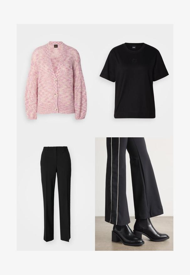 Ružičasta i kremasta pletena kardigan s V-izrezom, dugim rukavima i četiri velika gumba. Ima opušteni kroj i teksturirani uzorak.; Crna pamučna majica s okruglim izrezom, kratkim rukavima i izvezenim logotipom na prsima. Jednostavan, opušten kroj bez uzorka.; Crne krojene hlače ravnog kroja, s glatkom teksturom i oštrim pregibima naprijed. Bez vidljivih metalnih dijelova.; Crne kožne gležnjače s blok petom, s elastičnim bočnim panelima. Uparene s crnim hlačama koje imaju bijelu bočnu prugu.